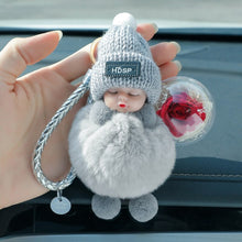 Load image into Gallery viewer, Sleeping Baby Car Key Ring Furry Plush Flower Keychain Cute Car Accessories Girls Women Ladies Gift Bag Pendant Lovely Doll
