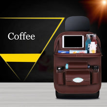 Load image into Gallery viewer, Car Back Seat Organizer PU Leather Auto Storage Bag with Foldable Tray Dining Tablet Holder for Umbrella Water Bottle Ipad phone
