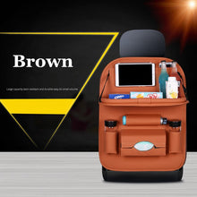 Load image into Gallery viewer, Car Back Seat Organizer PU Leather Auto Storage Bag with Foldable Tray Dining Tablet Holder for Umbrella Water Bottle Ipad phone
