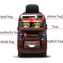 Load image into Gallery viewer, Car Back Seat Organizer PU Leather Auto Storage Bag with Foldable Tray Dining Tablet Holder for Umbrella Water Bottle Ipad phone
