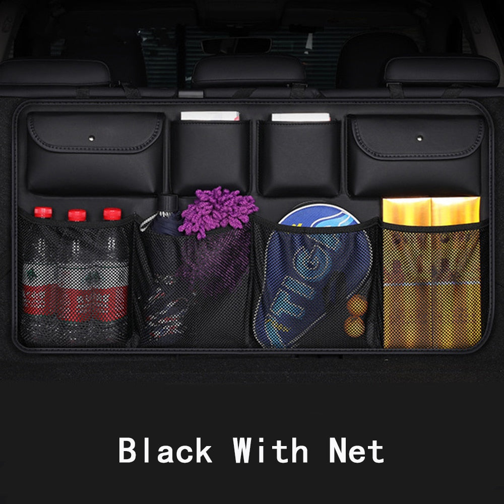 Car Rear Seat Back Storage Bag PU Leather Auto Backseat Net in the Trunk Organizer Stowing Tidying Interior Accessories Supplies