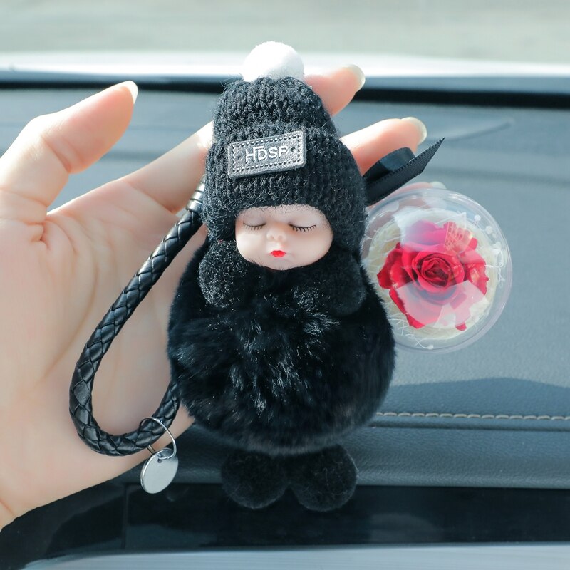 Sleeping Baby Car Key Ring Furry Plush Flower Keychain Cute Car Accessories Girls Women Ladies Gift Bag Pendant Lovely Doll